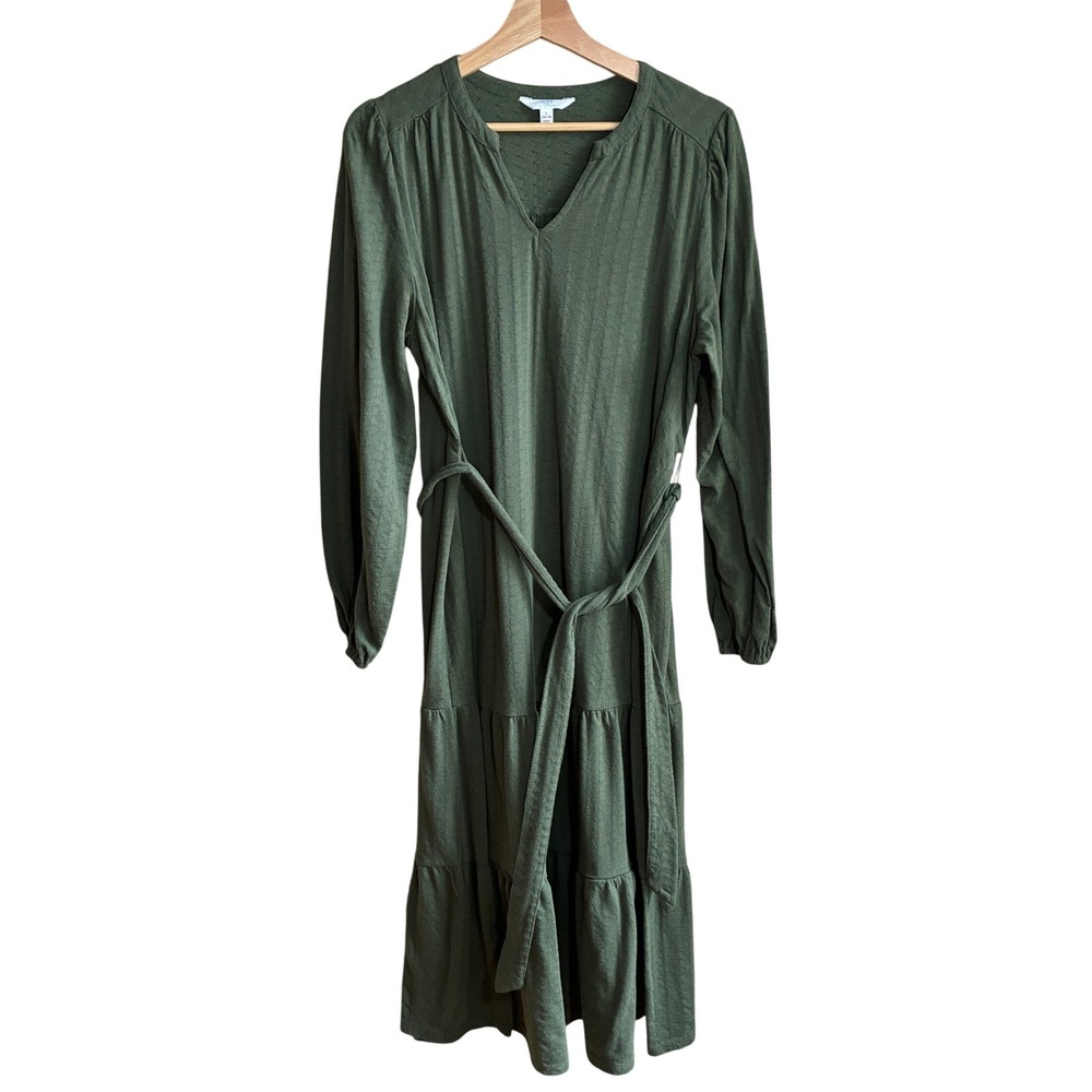 Time and Tru Tiered Midi Dress L Olive Green Womens Long Sleeve Tie Waist Knit